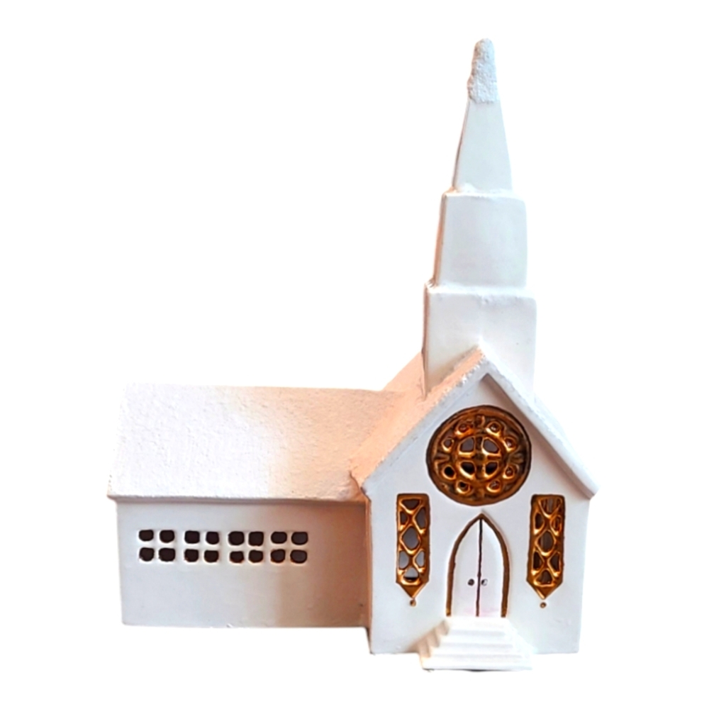Christmas Village Church Ceramic Hand Painted White Gold Trim Snow Texture 10x8
